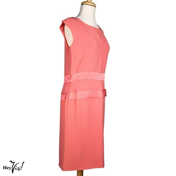 Vintage Pink Cocktail Dress w Satin Band Trim and Bow Metal Zip Size L - Hey Viv - Picture 2 of 7